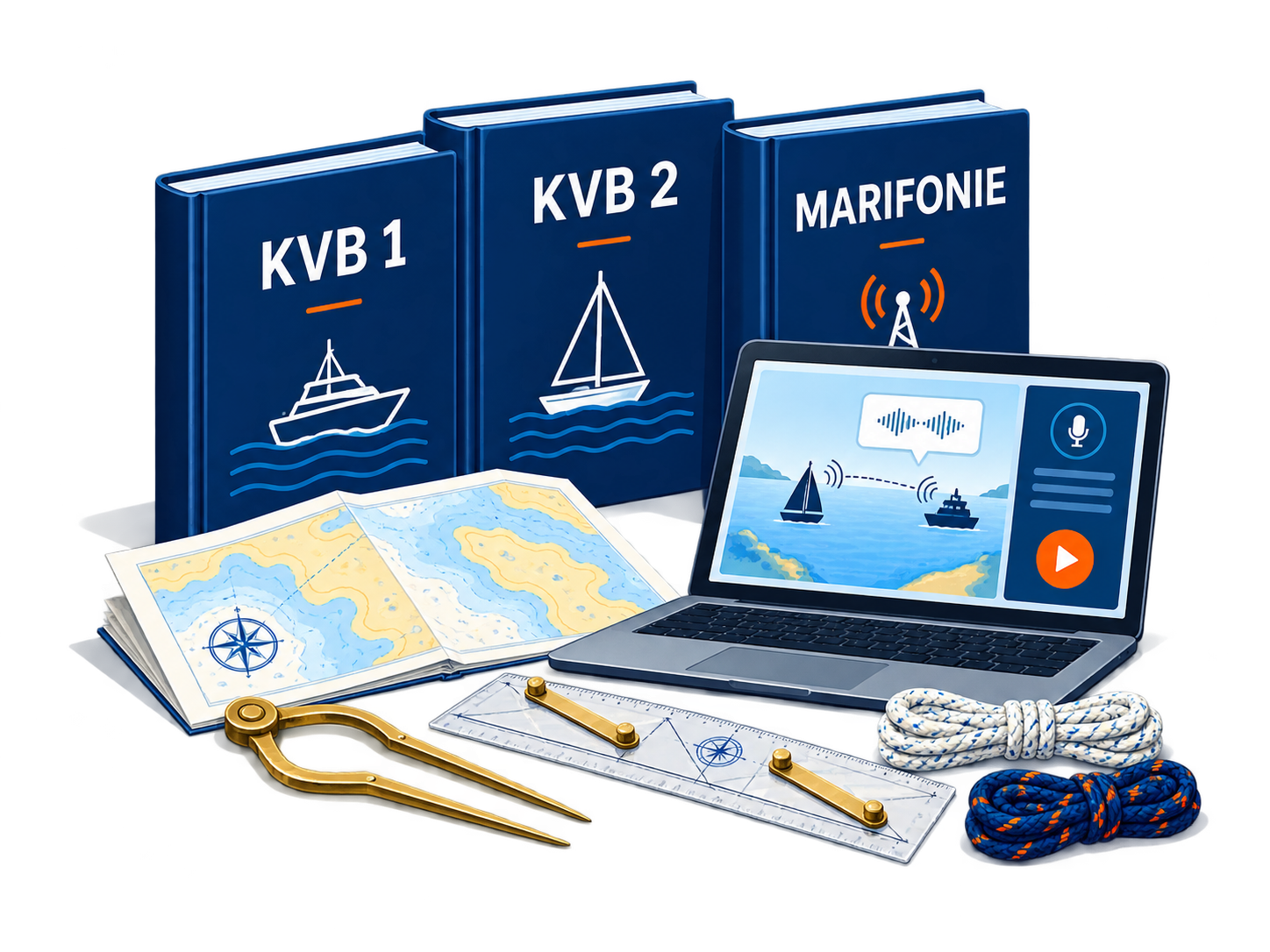 Illustratie van drie cursusboeken, navigatiemateriaal en de online simulator.