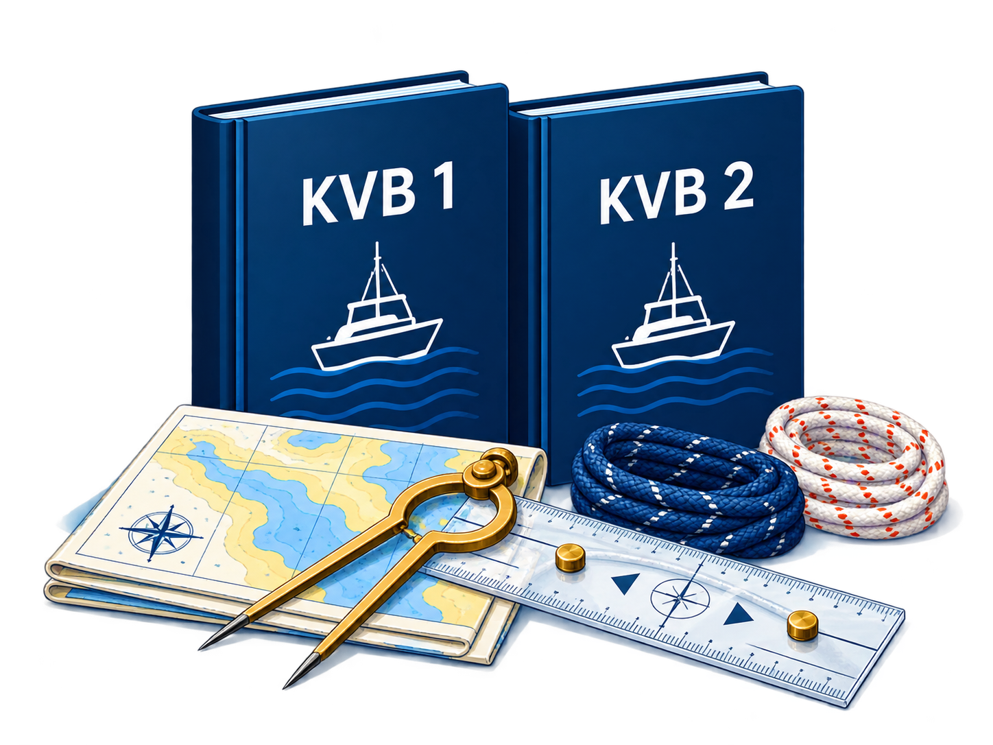 Illustratie van twee cursusboeken en navigatiemateriaal bij KVB 1 + 2.